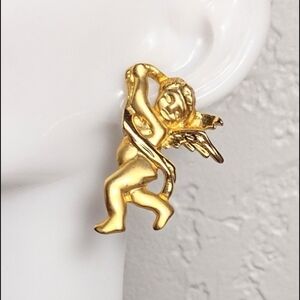 Vintage Cherub Angel Gold Tone Angel Clip On Statement Earrings
